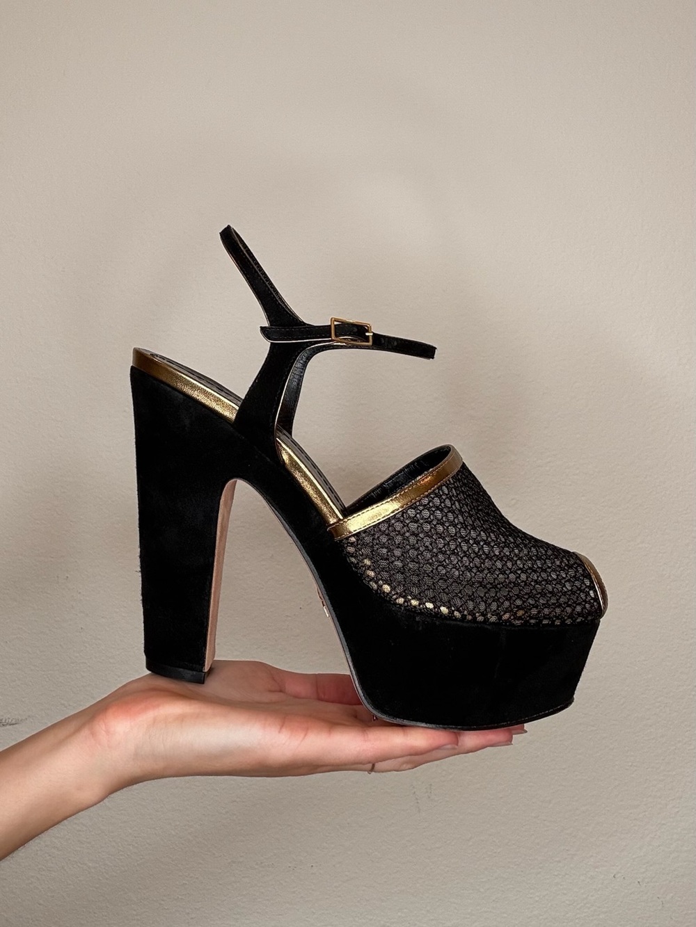 Dior Black and Gold Woven Peep-Toe Platform Heels - Picture 2 of 4